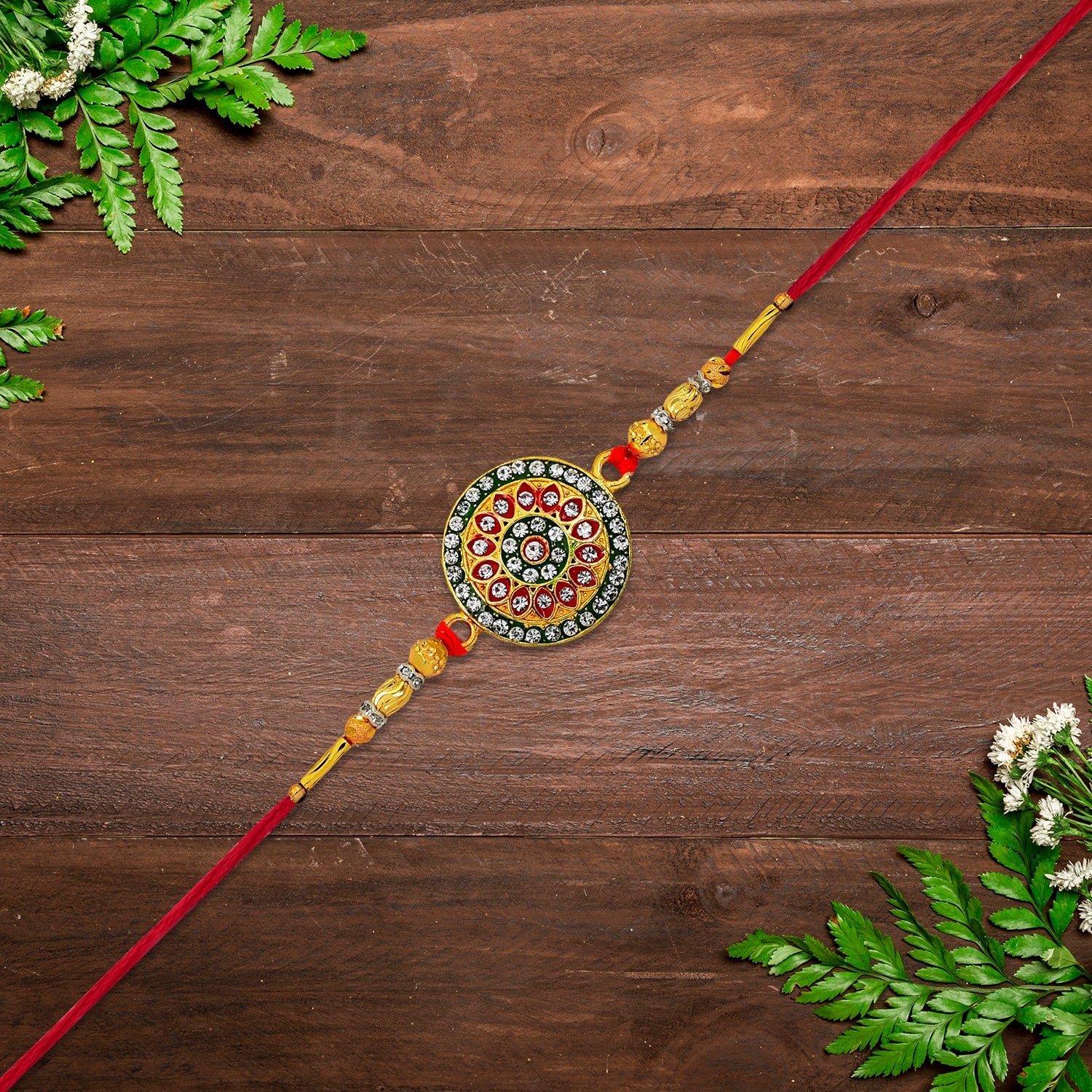 Royal Designer Rakhi – Kundan Centerpiece with Golden Beads - Image 4