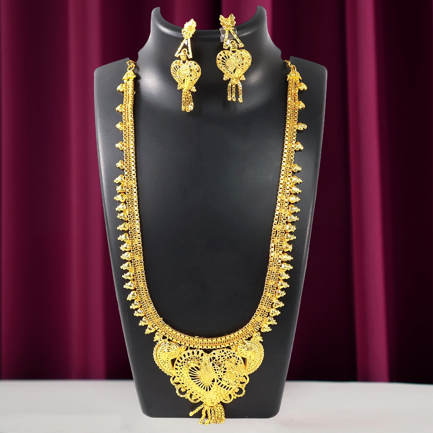 Brass Gold Necklace with Matching Earrings Set – Lightweight Traditional Jewelry
