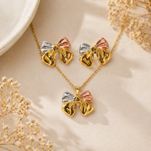 Women Anti Tarnish Gold Plated Bow Necklace Set – Elegant & Waterproof for All Occasions