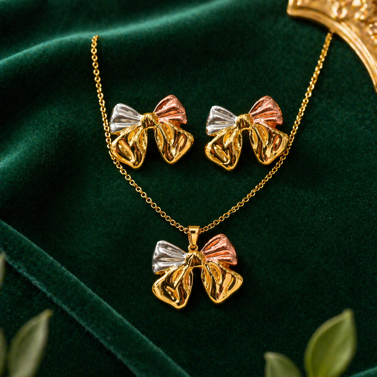 Women Anti Tarnish Gold Plated Bow Necklace Set – Elegant & Waterproof for All Occasions - Image 2