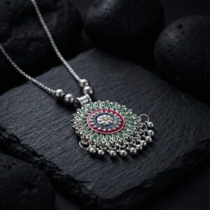Floral Mandala Pendant Necklace – Antique Silver-Tone Oxidized Design