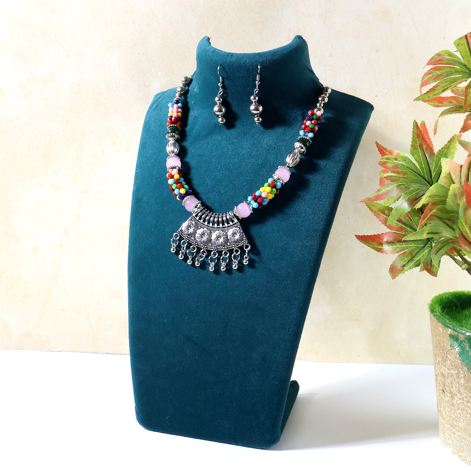 Oxidised Multicolor Beaded Necklace – Traditional Handcrafted Jewellery Set - Image 2