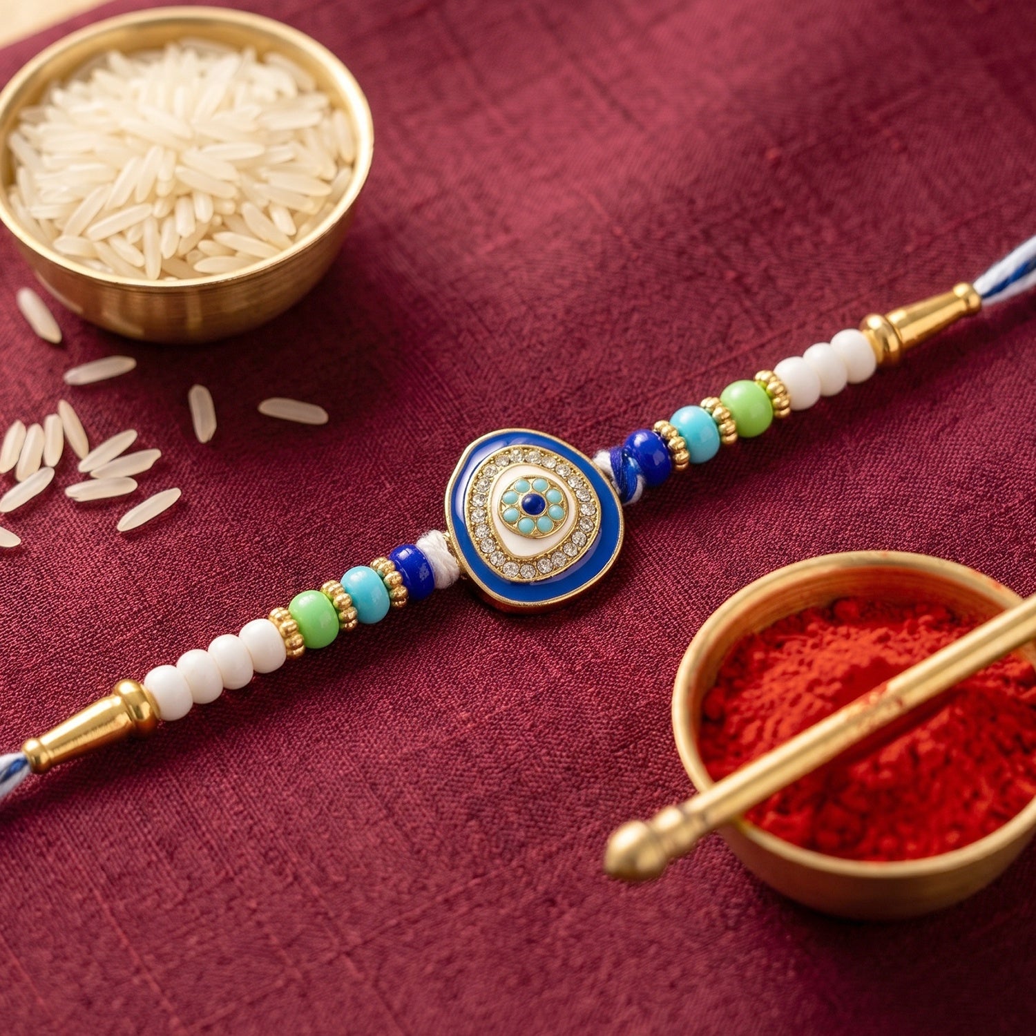 Evil Eye Round Kundan Diamond Rakhi – Traditional Raksha Bandhan Gift - Image 2