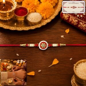 Red Round Kundan Pearl Border Rakhi for Bhai – Happy Rakshabandhan