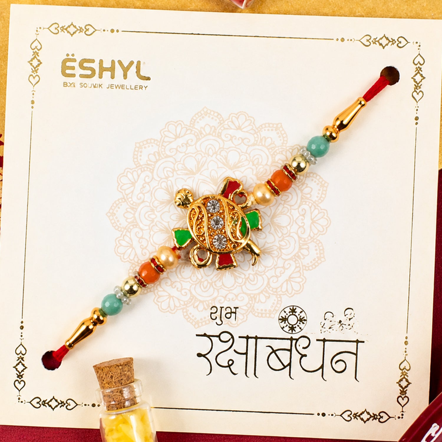 Tortoise Design Rakhi with Stones & Colorful Beads - Stylish & Comfortable