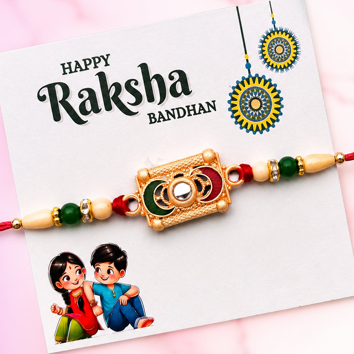 Traditional Meenakari Rakhi with Red-Green Beads – Elegant Festive Rakhi