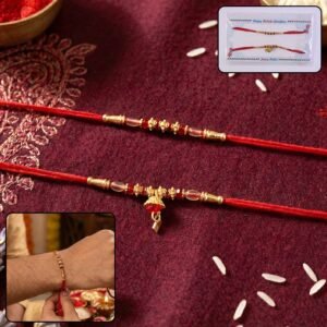Elegant Golden Beaded Red Thread Bhabhi Lumba Rakhi for Rakshabandhan Festival