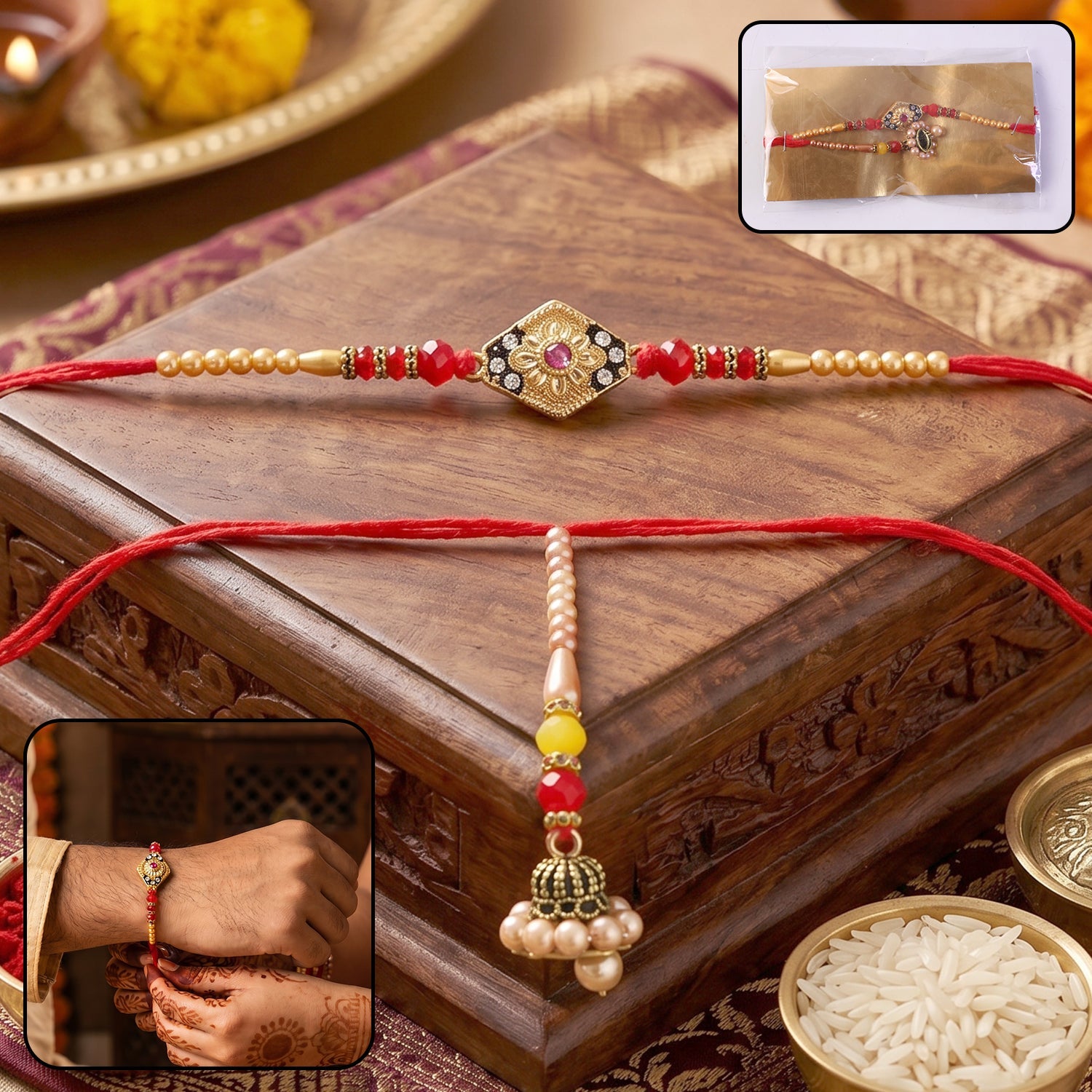 Diamond Shape Stone Designer Rakhi with Pearl Jhumka - Elegant Bhabhi Rakhi