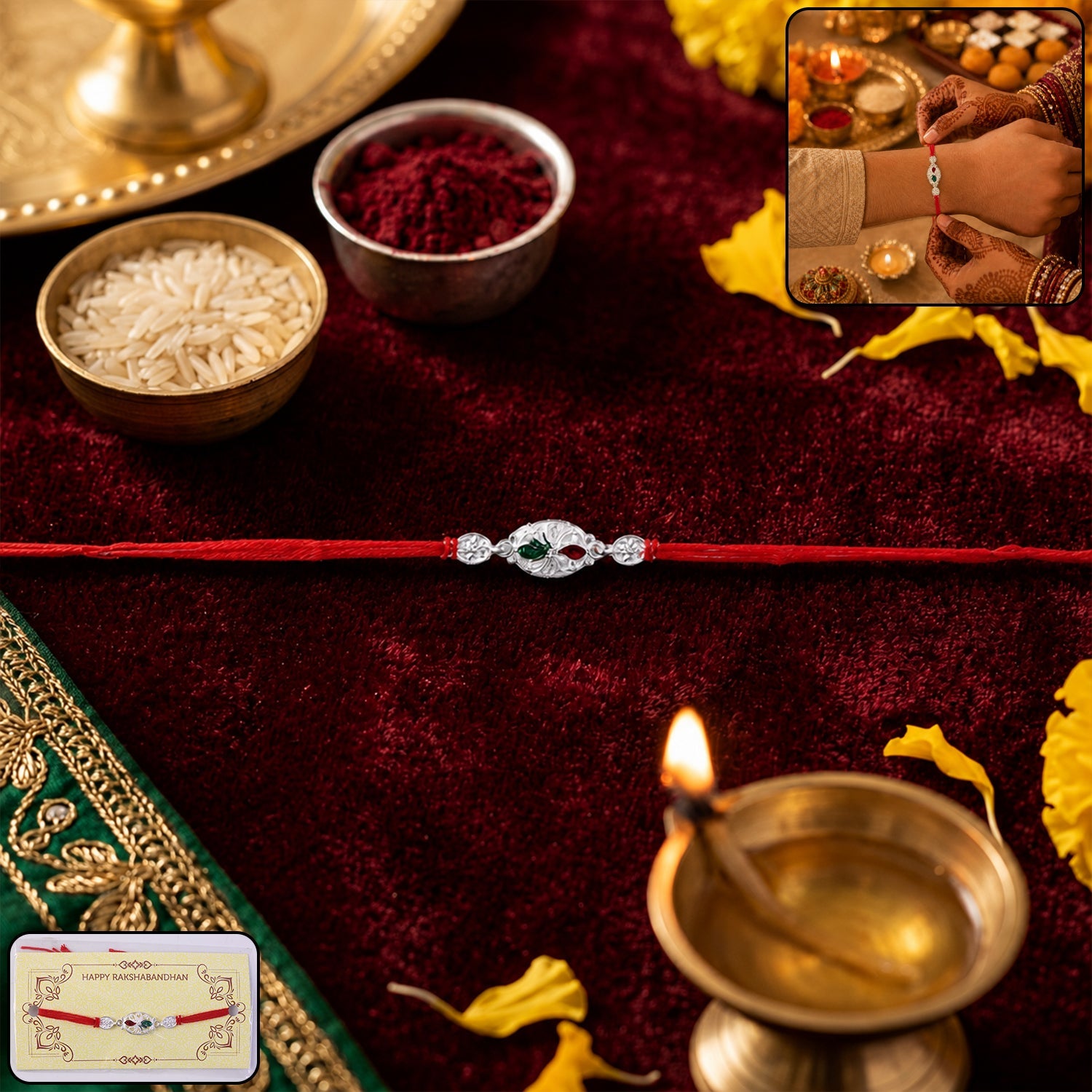 Silver Oval Comfortable Red Thread Rakhi for Brother this Rakshabandhan