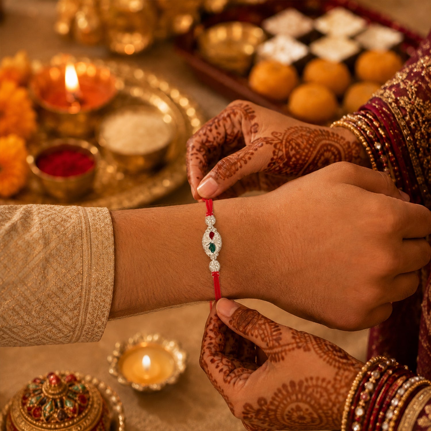 Silver Oval Comfortable Red Thread Rakhi for Brother this Rakshabandhan - Image 2