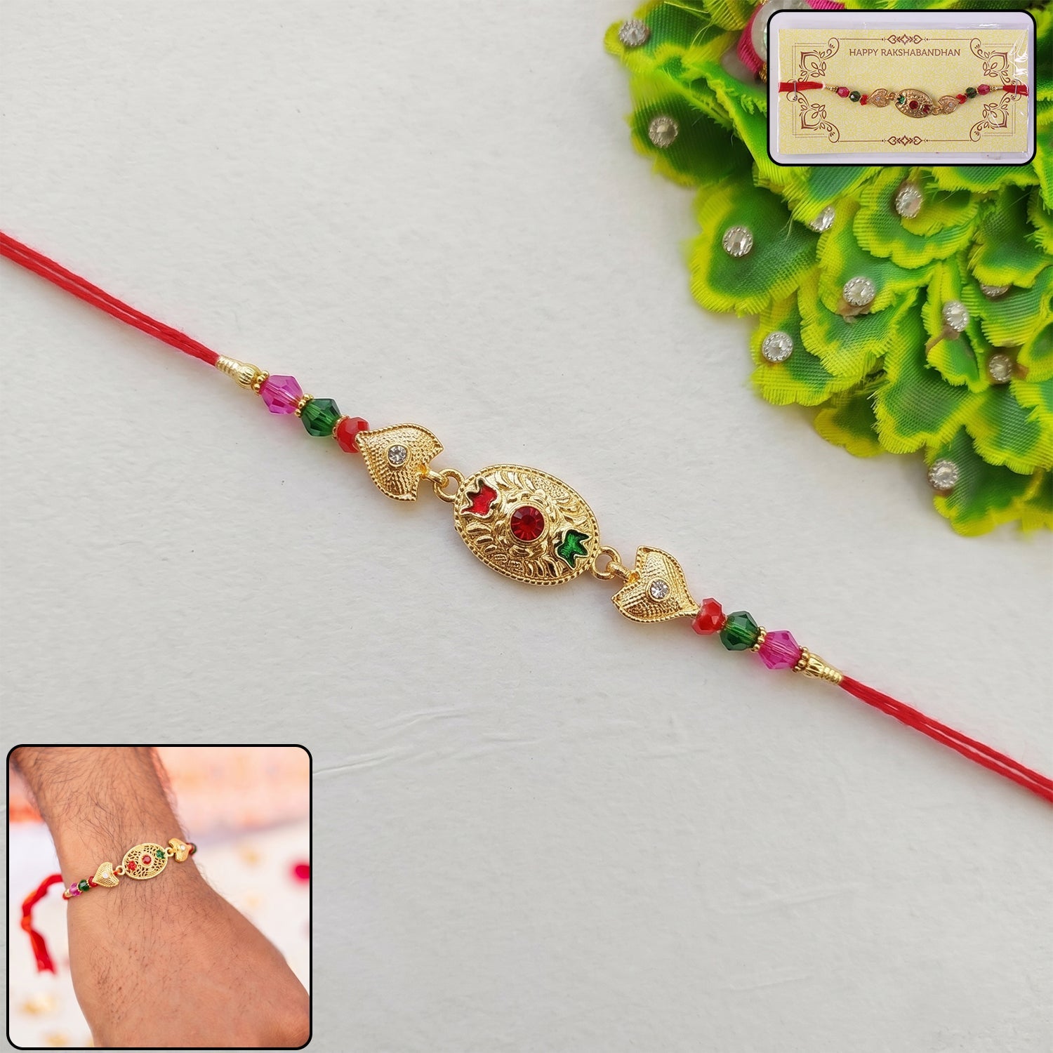 Golden Oval Colorful Beads Rakhi for Rakshabandhan Celebration for Bhai