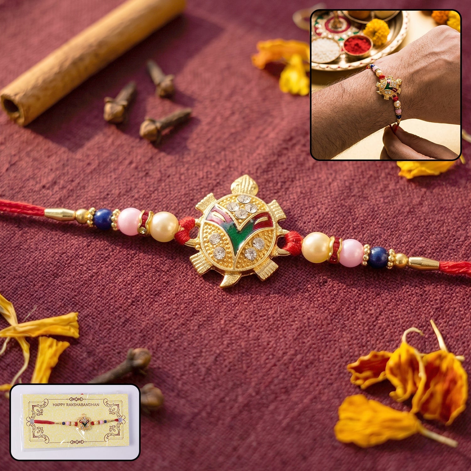 Golden Turtle Pearl Beads Rakhi for Bhai – Happy Rakshabandhan