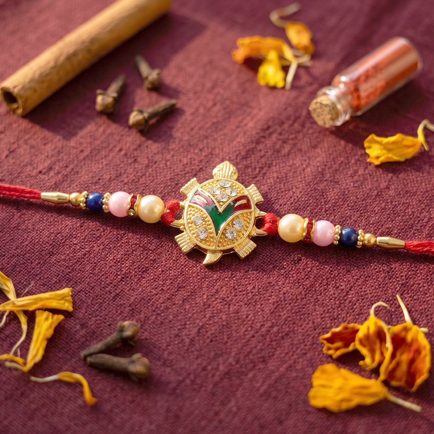Golden Turtle Pearl Beads Rakhi for Bhai – Happy Rakshabandhan - Image 2