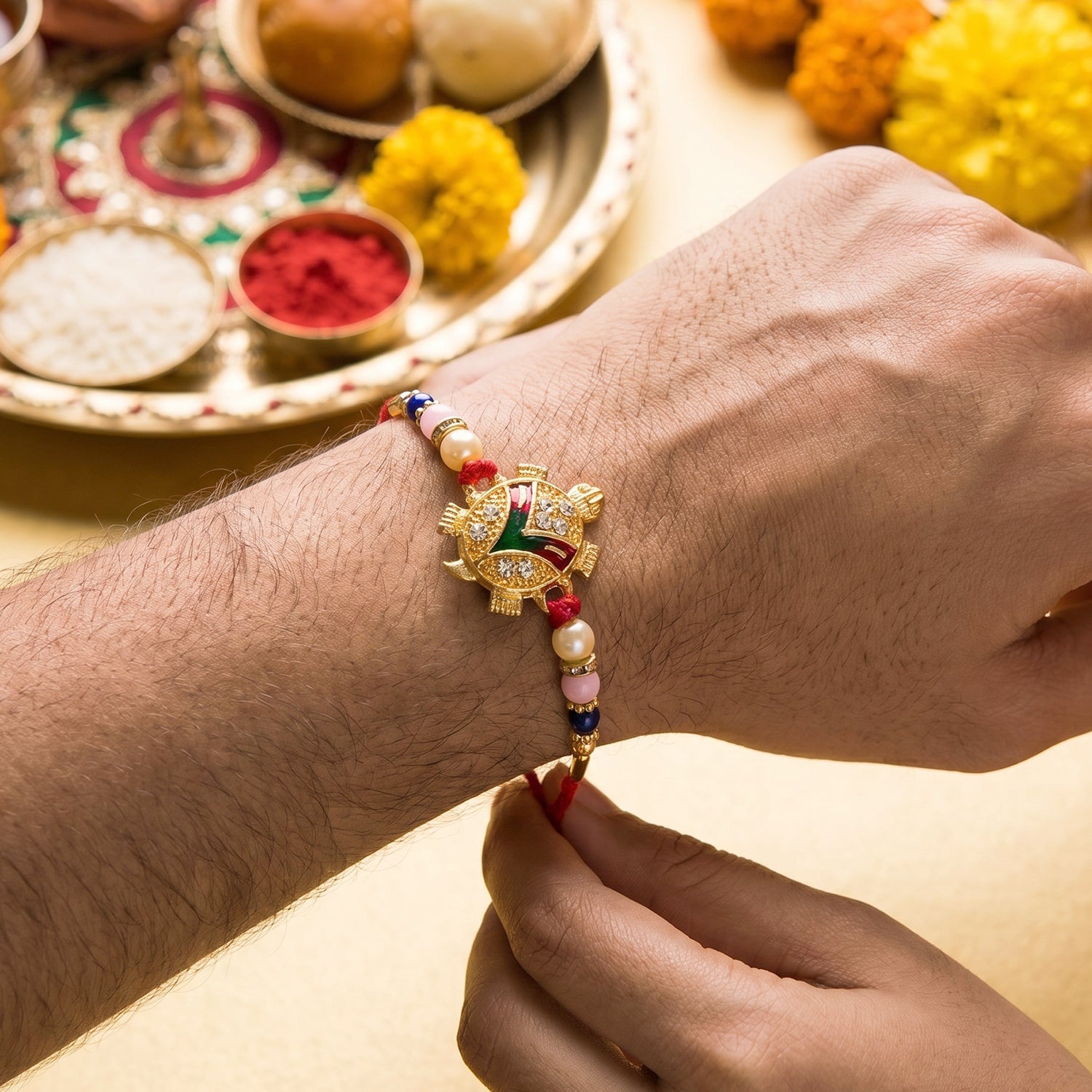 Golden Turtle Pearl Beads Rakhi for Bhai – Happy Rakshabandhan - Image 4