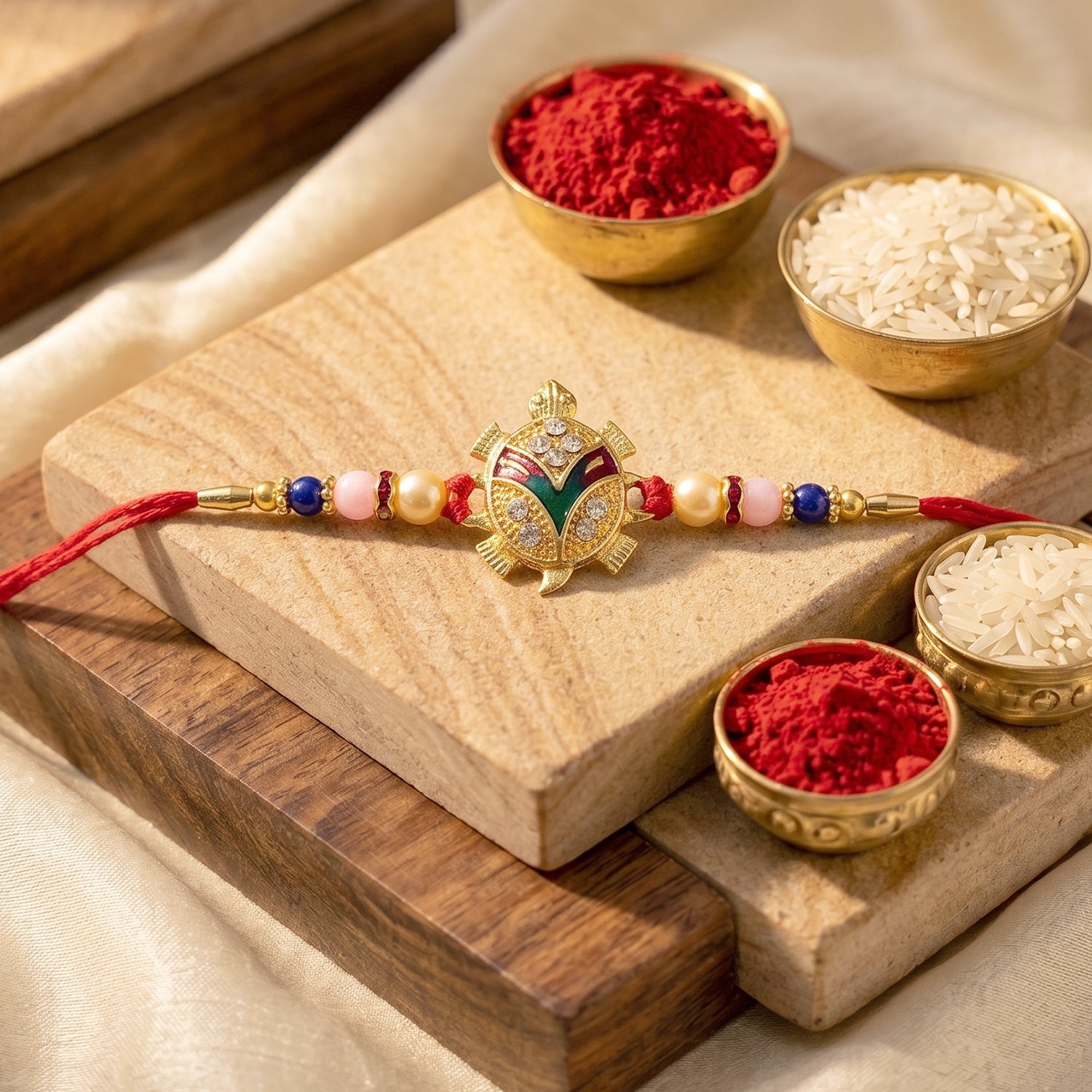 Golden Turtle Pearl Beads Rakhi for Bhai – Happy Rakshabandhan - Image 3