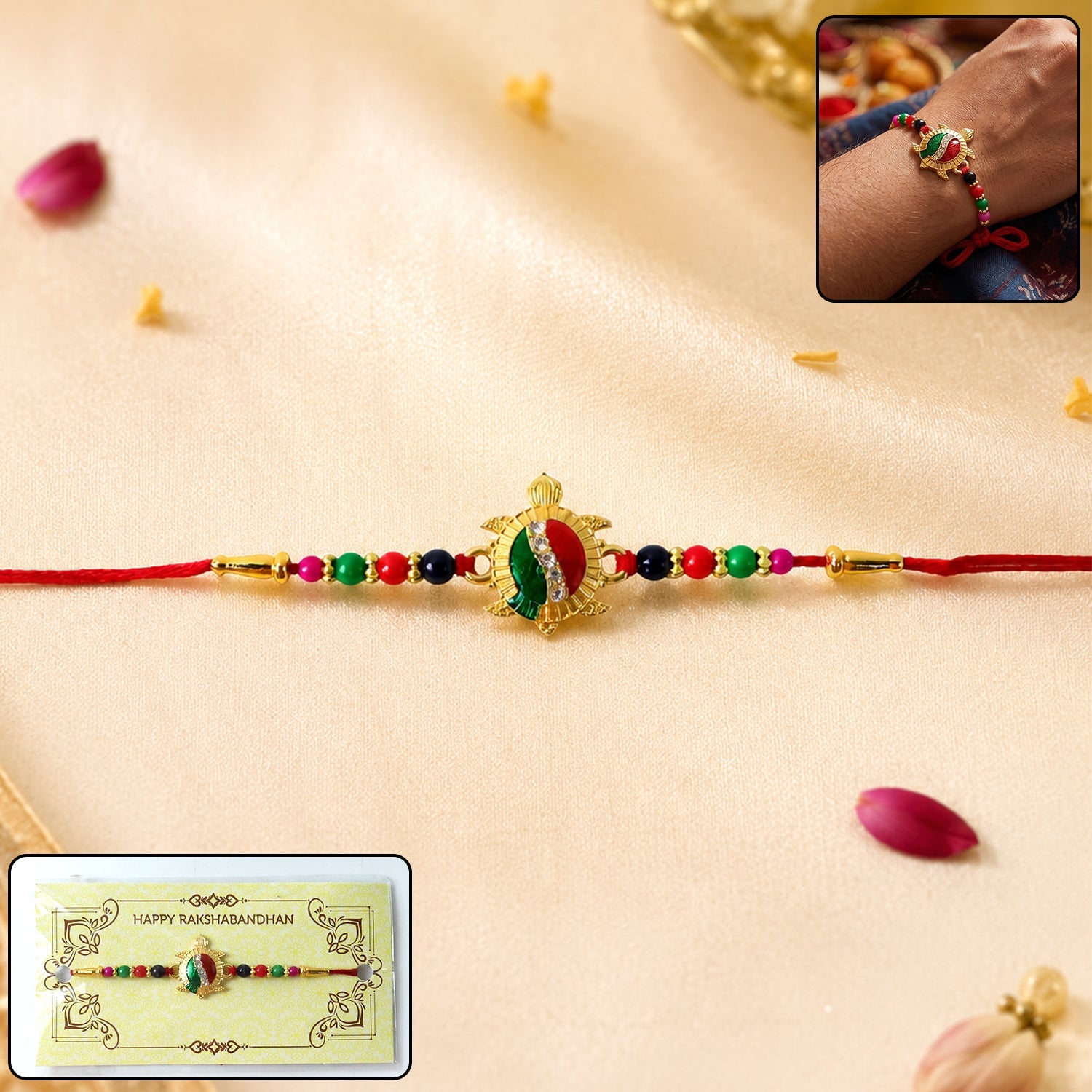 Turtle Stone Work Red Thread Rakhi for Brother this Rakshabandhan