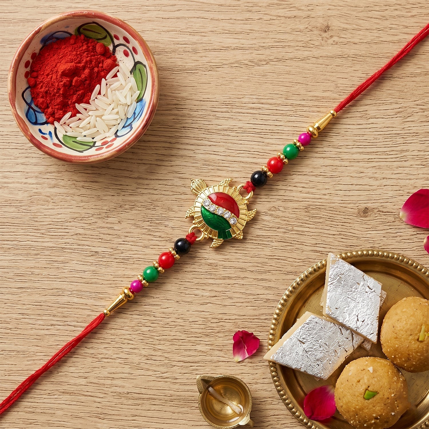 Turtle Stone Work Red Thread Rakhi for Brother this Rakshabandhan - Image 2