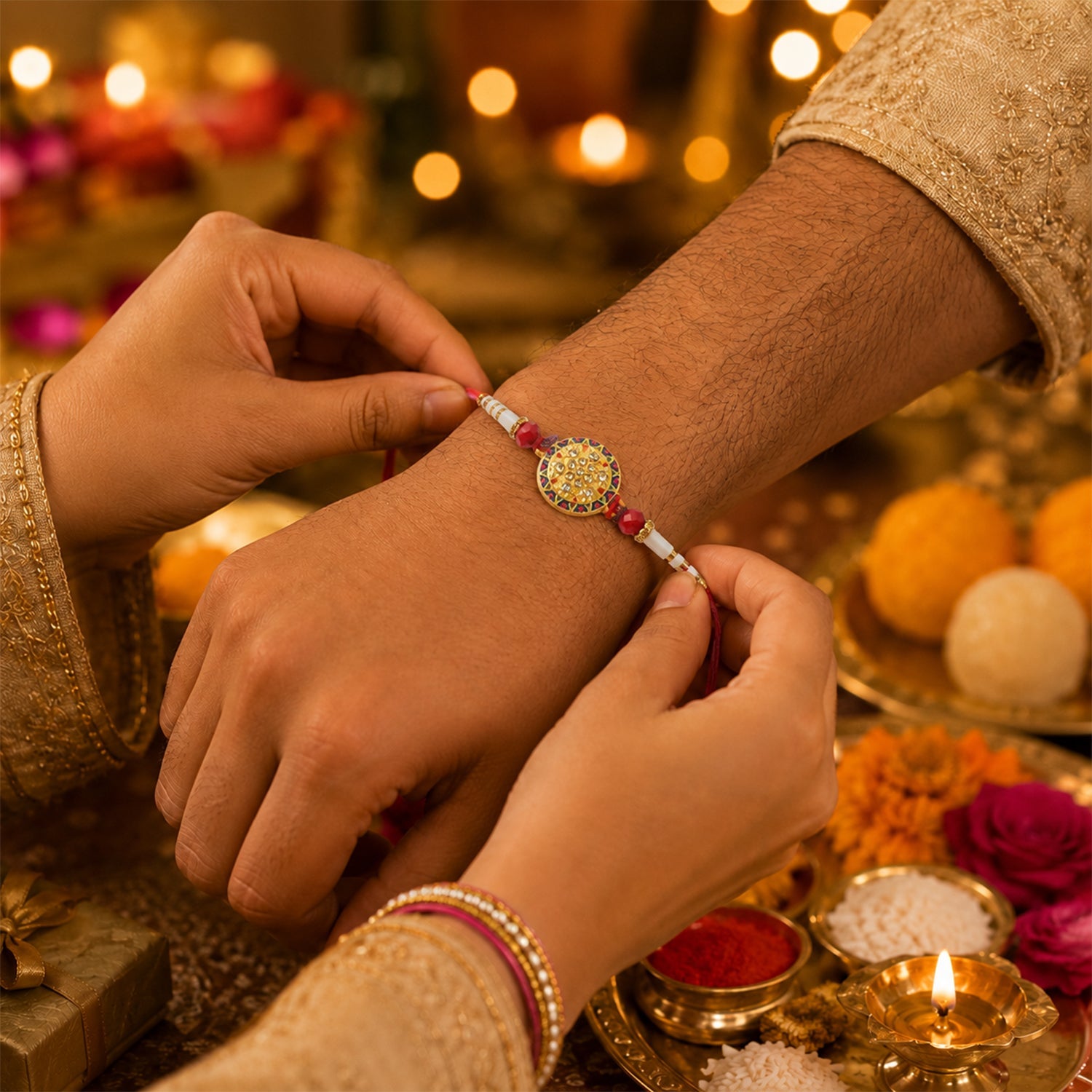 Round Stone White Beads Rakhi for Rakshabandhan – Bhai Special - Image 2
