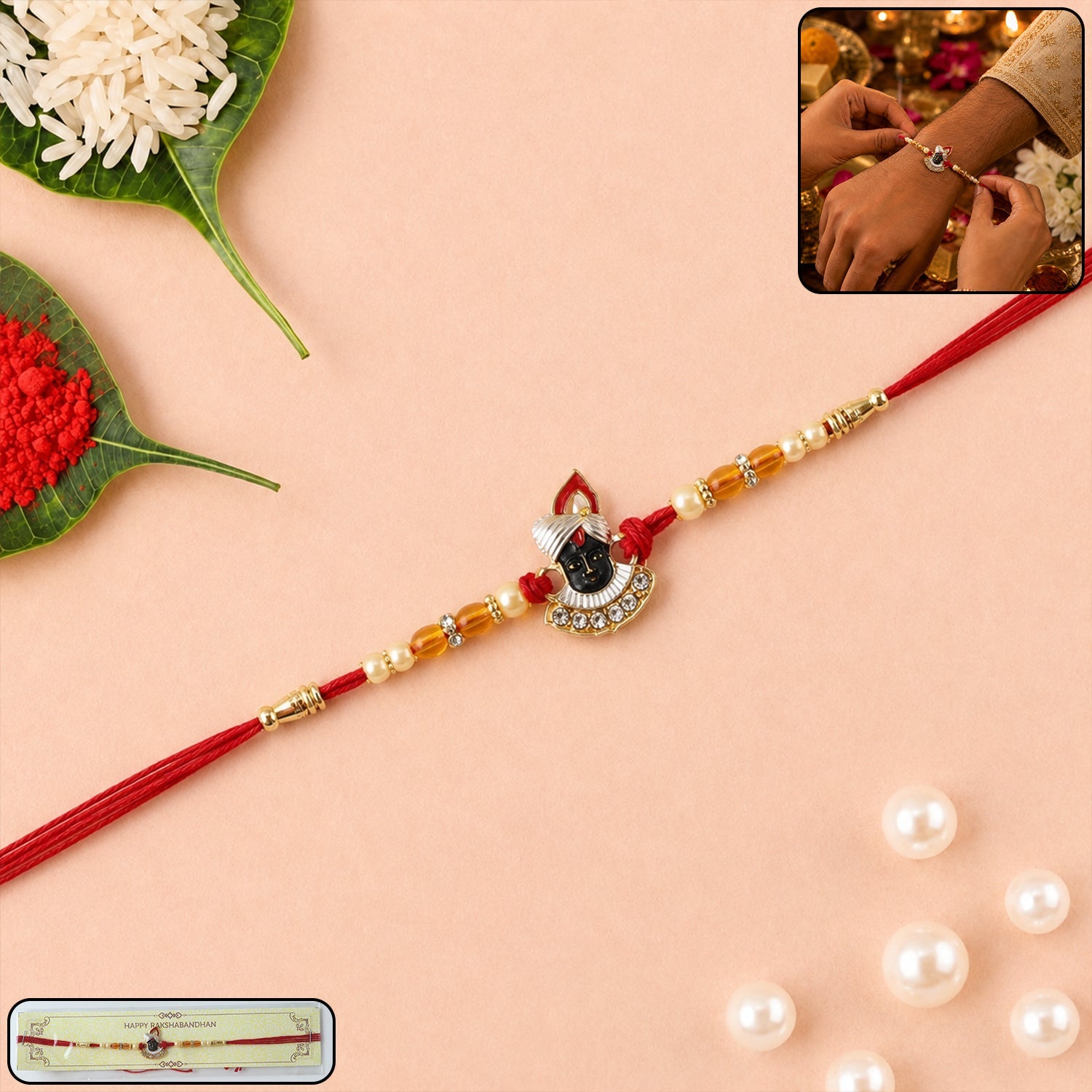 Rakshabandhan Shrinathji Pearl Beads Red Thread Rakhi for Brother and Bhai