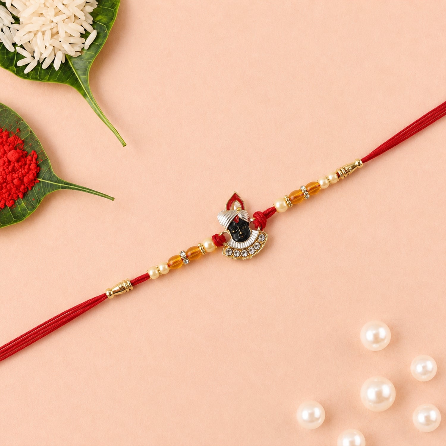 Rakshabandhan Shrinathji Pearl Beads Red Thread Rakhi for Brother and Bhai - Image 4