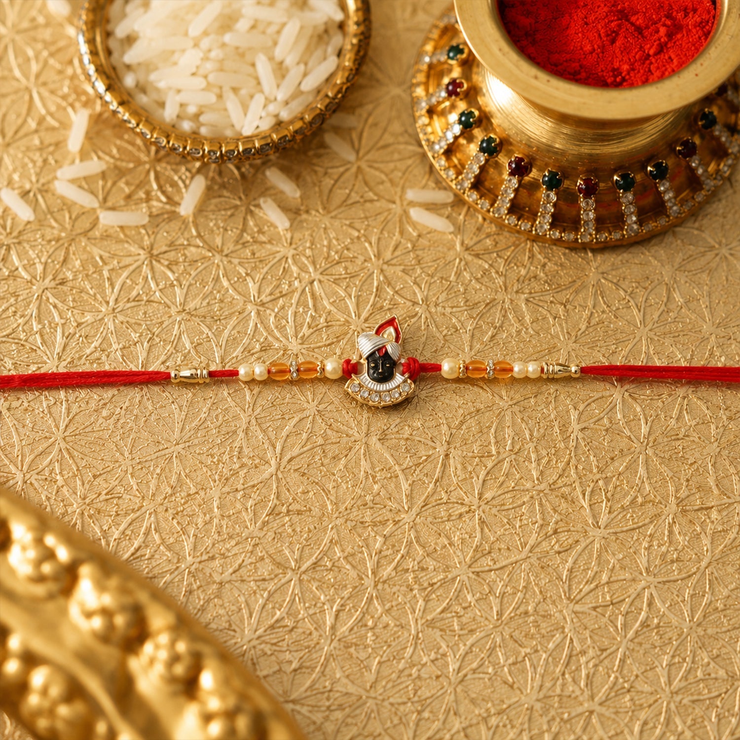 Rakshabandhan Shrinathji Pearl Beads Red Thread Rakhi for Brother and Bhai - Image 3
