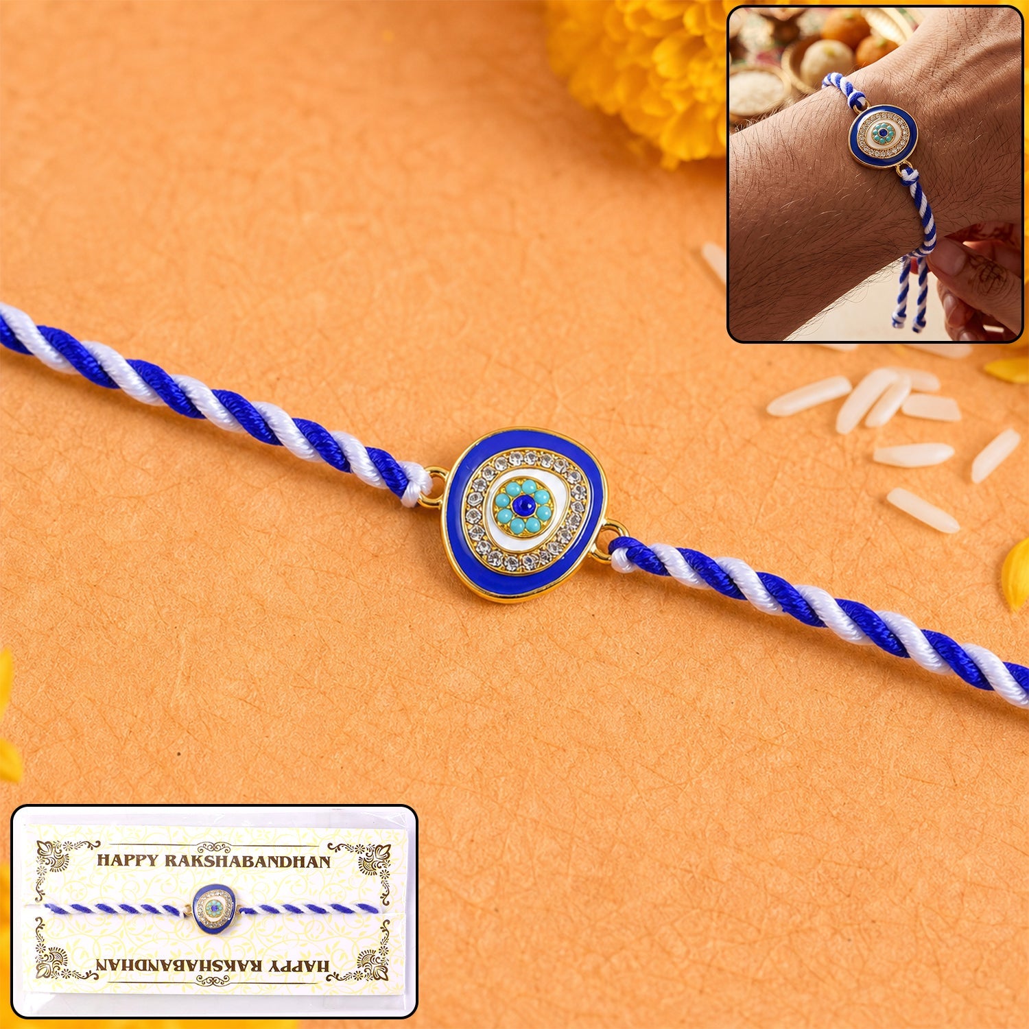 Blue Round Stone Fancy Dori Rakhi for Brother – Stylish & Comfortable