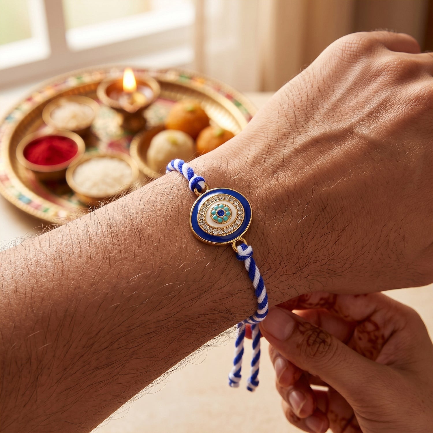 Blue Round Stone Fancy Dori Rakhi for Brother – Stylish & Comfortable - Image 2