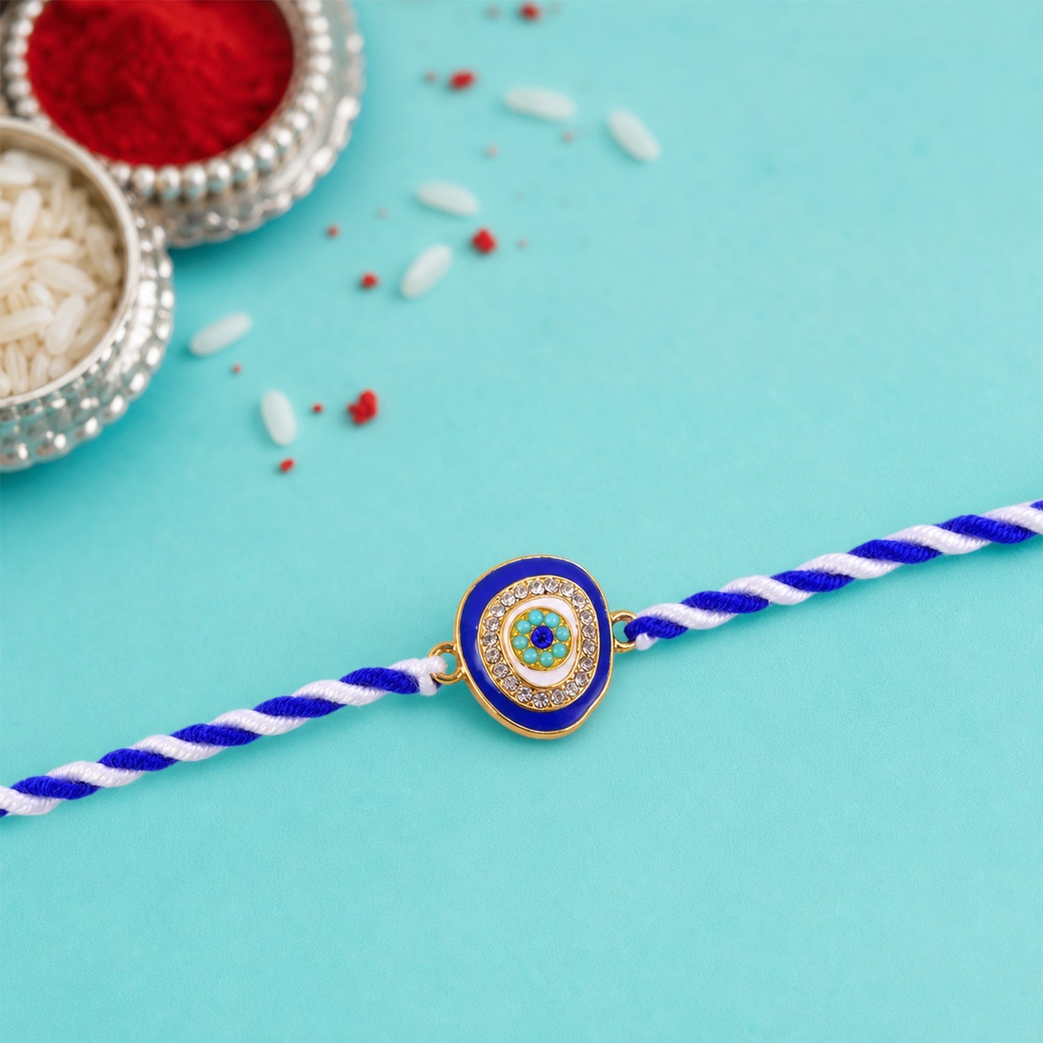 Blue Round Stone Fancy Dori Rakhi for Brother – Stylish & Comfortable - Image 3