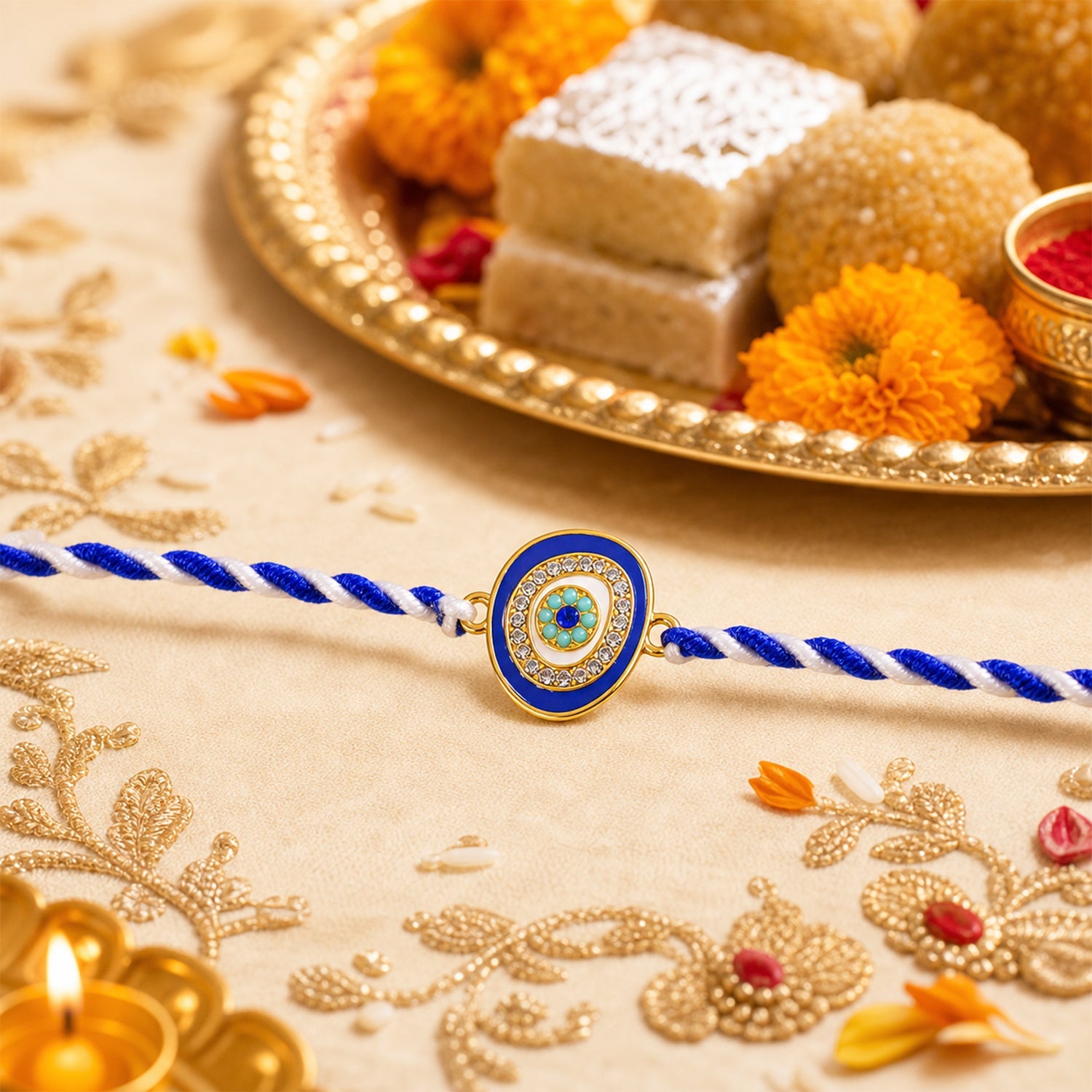 Blue Round Stone Fancy Dori Rakhi for Brother – Stylish & Comfortable - Image 4
