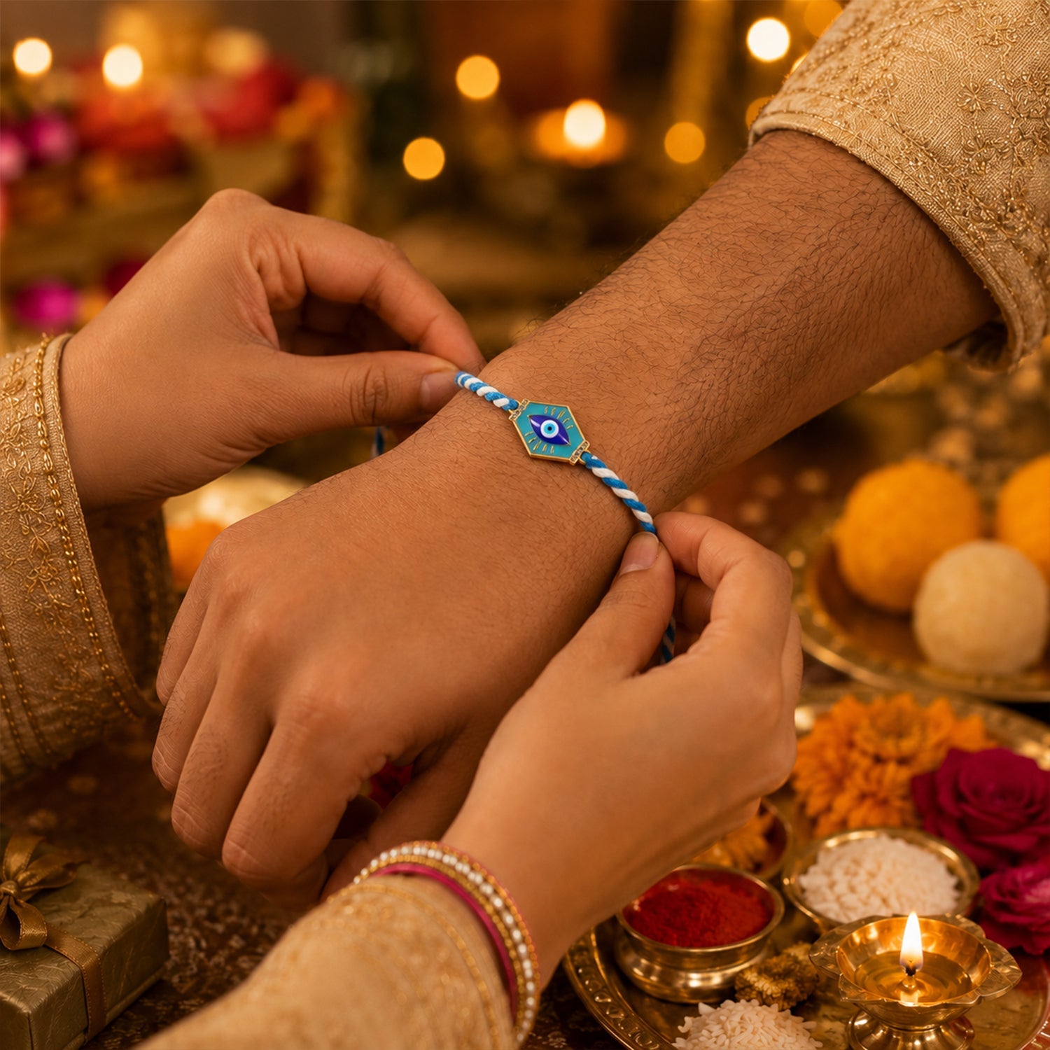 Evil Eye Charm Fancy Dori Rakhi for Brother – Stylish & Comfortable - Image 3