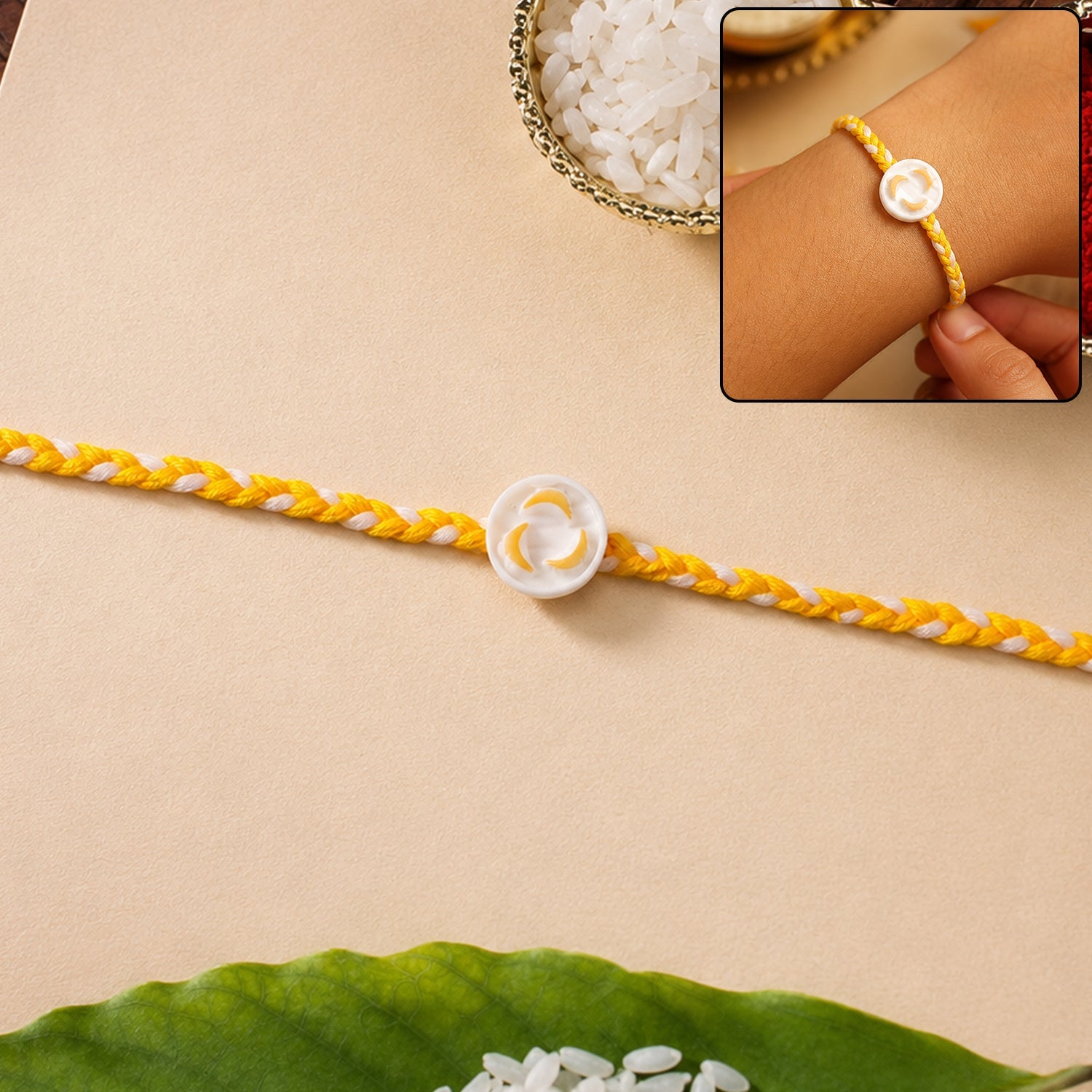 White Round Charm Designer Rakhi for Brother – Stylish & Lightweight