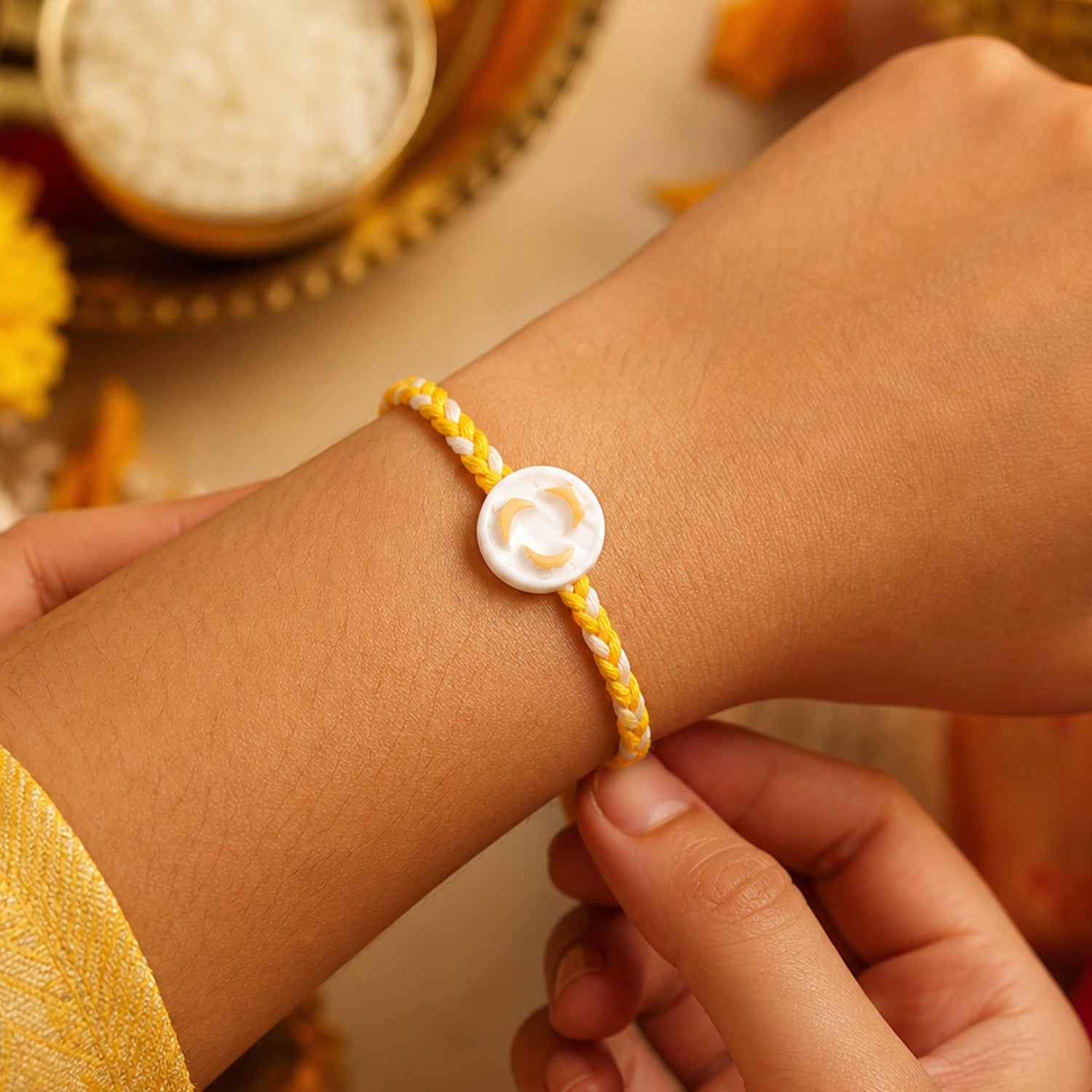 White Round Charm Designer Rakhi for Brother – Stylish & Lightweight - Image 2
