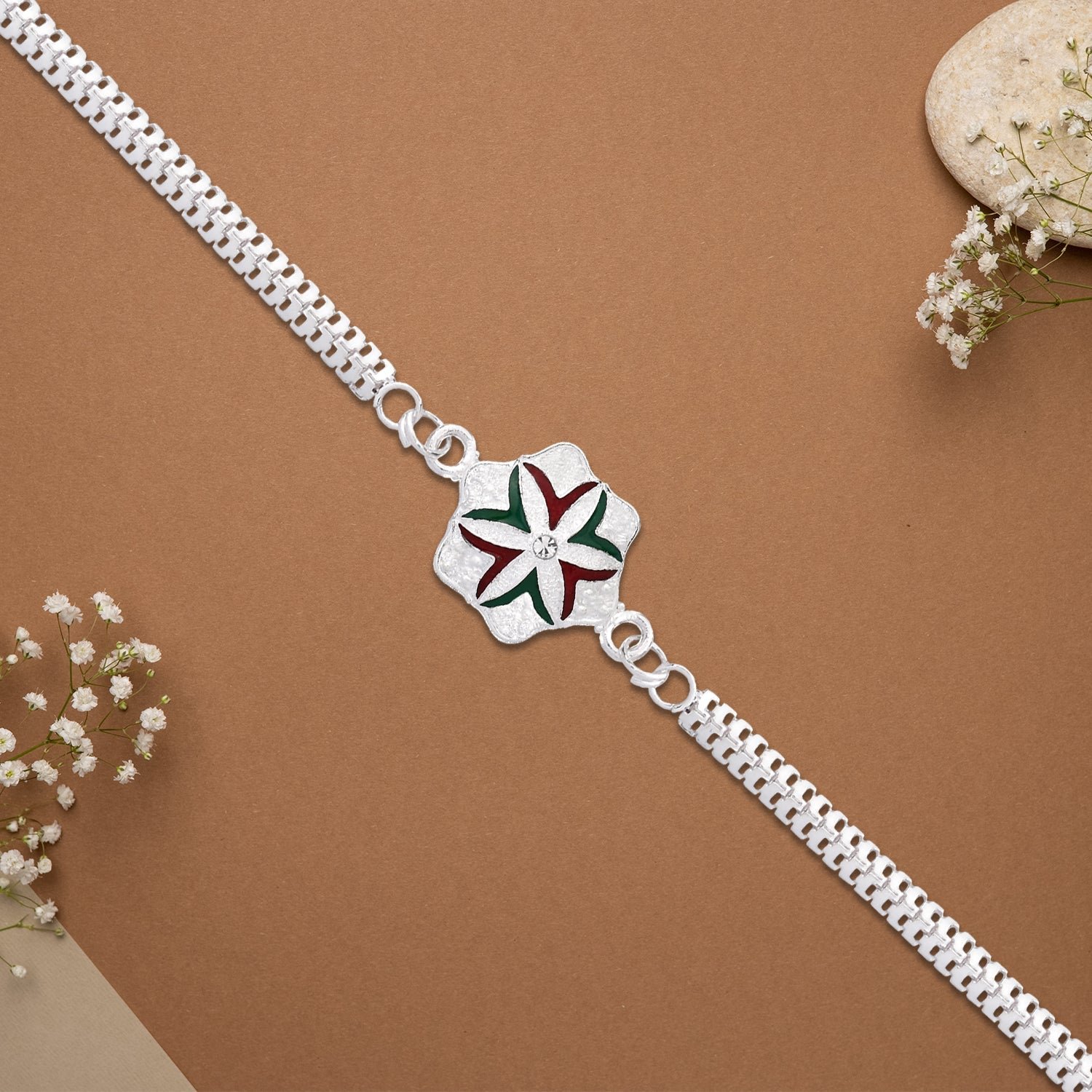 Silver Chain Rakhi – Elegant Flower Design for Brother - Image 3