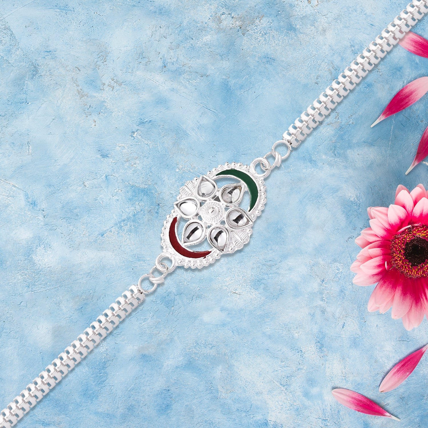 Silver Rakhi – Stylish Tricolor Chain Link Design for Brother - Image 3