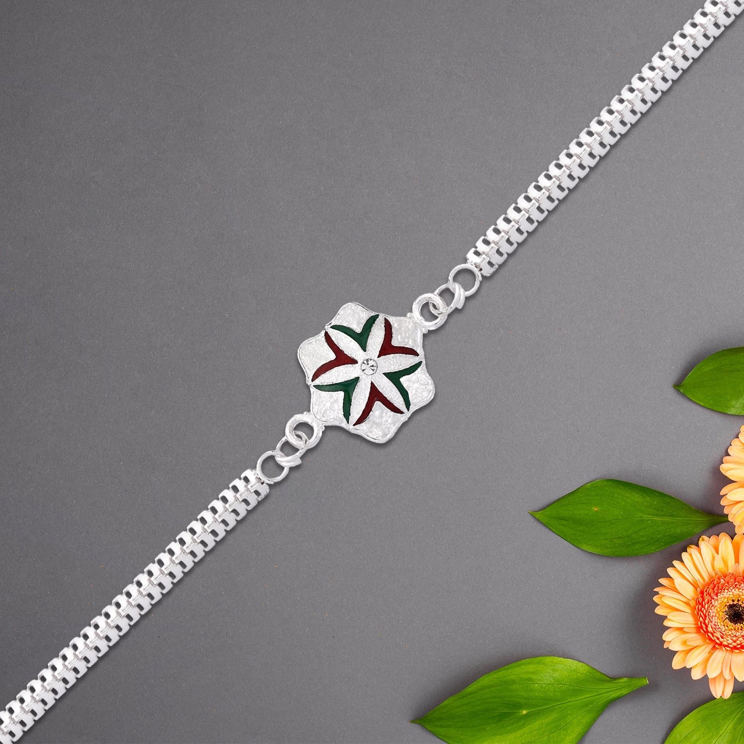 Silver Chain Rakhi – Elegant Flower Design for Brother - Image 4