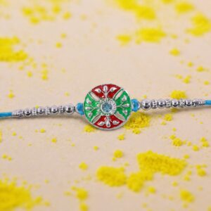 Blue Thread Multicolor Center Fine Silver Rakhi for Bhai – Happy Rakshabandhan