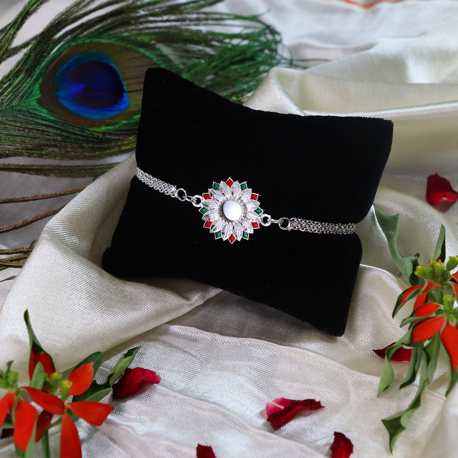 Silver Rakhi – Elegant Meenakari Floral Design for Brother - Image 2
