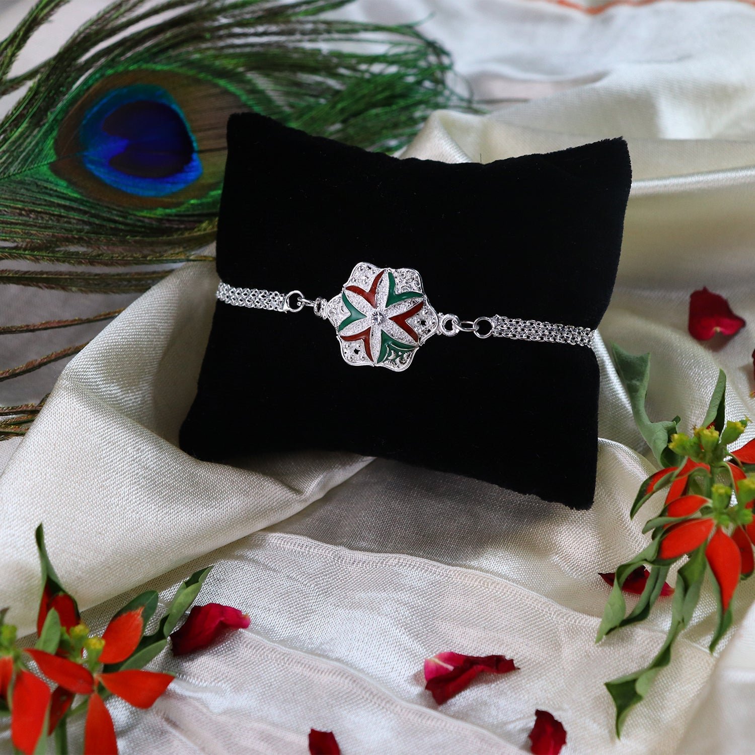 Silver Chain Rakhi – Elegant Flower Design for Brother - Image 2