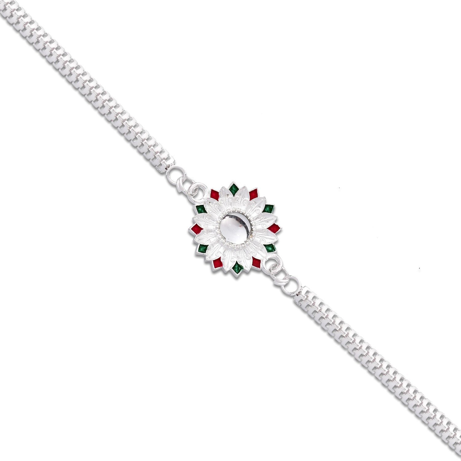 Silver Rakhi – Elegant Meenakari Floral Design for Brother - Image 3