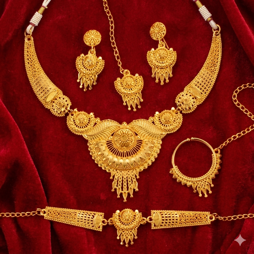 Gold Plated Bridal Jewellery Set Sunburst Necklace Earrings Maang Tikka Nath Set
