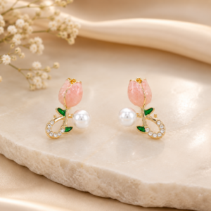 Elegant Rose Bloom Pearl Stud Earrings – Pink Tulip Floral Crystal Gold-Tone Earrings for Women