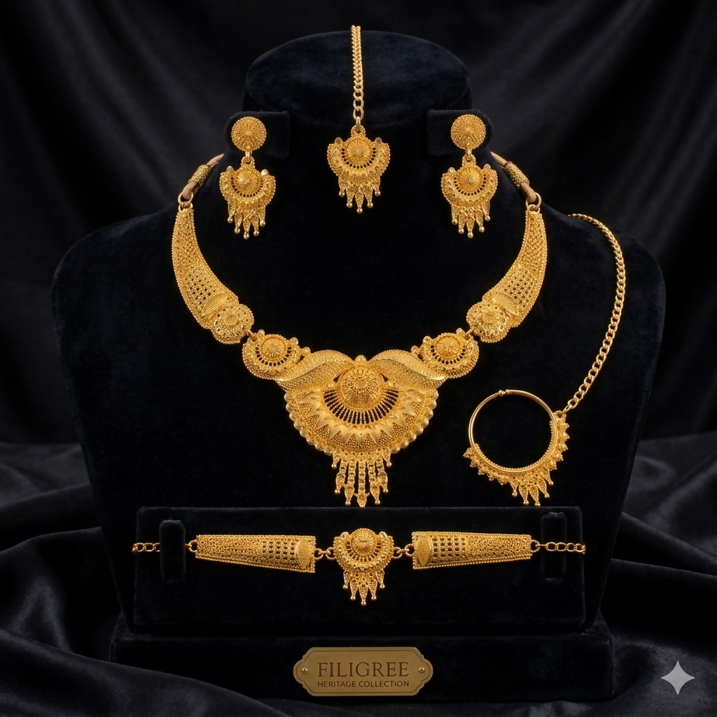 Gold Plated Bridal Jewellery Set Sunburst Necklace Earrings Maang Tikka Nath Set - Image 5