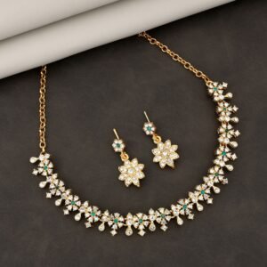 Emerald Green Floral Choker Necklace Set – Gold-Plated Sparkle